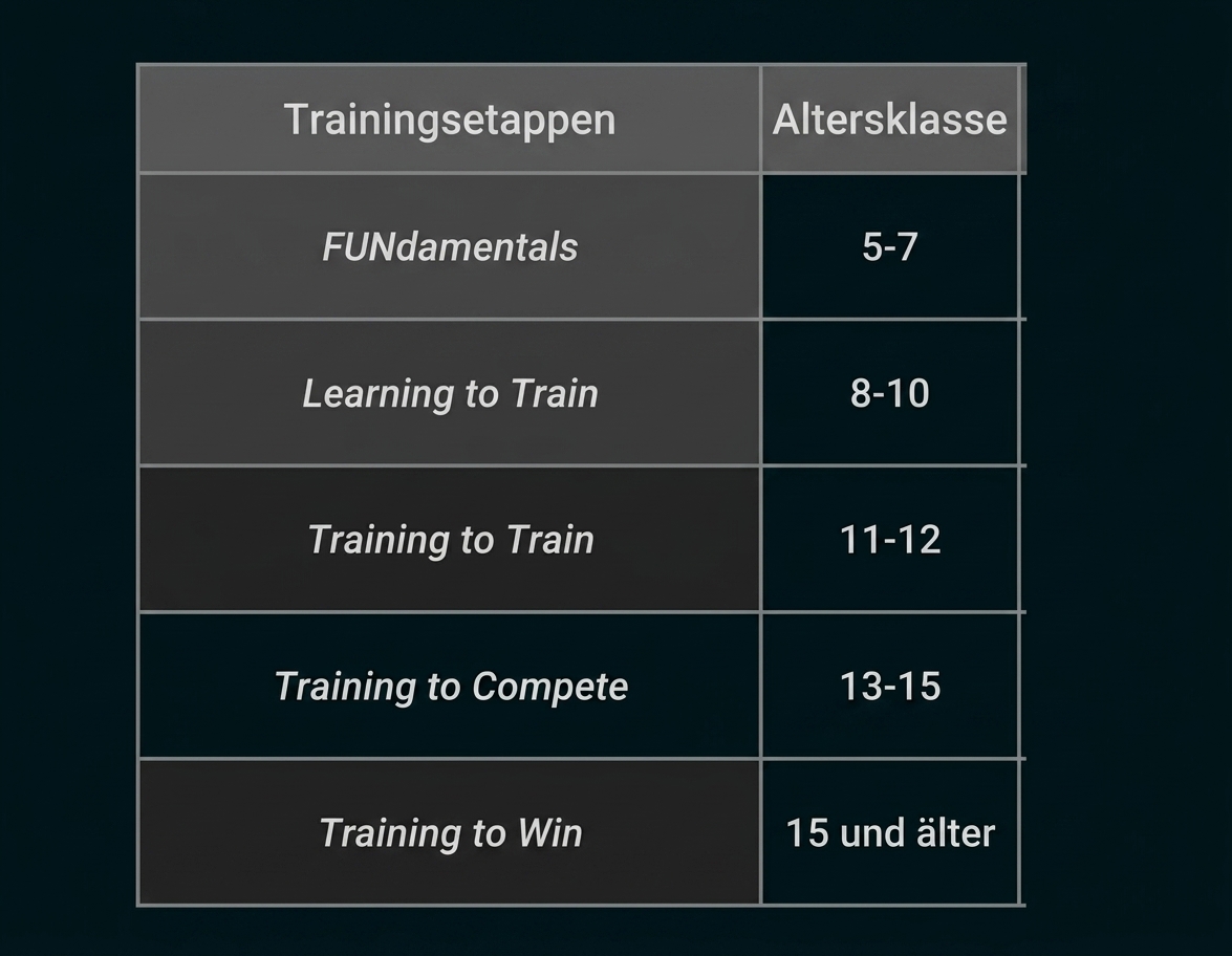 Tabelle mit Trainingsstufen und Altersklassen für Kinder und Jugendliche.